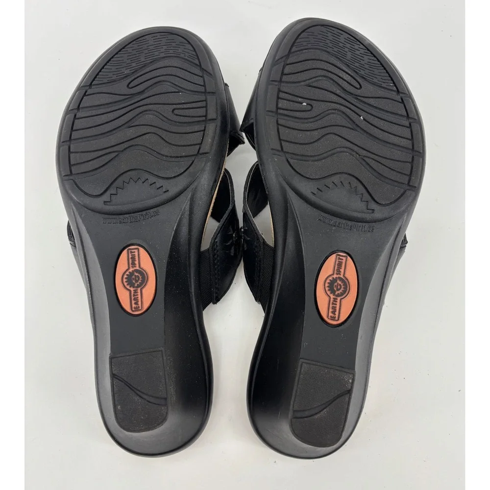 Earth Spirit Maddy Wedge Sandals Women's 8 Black Leather W/Box